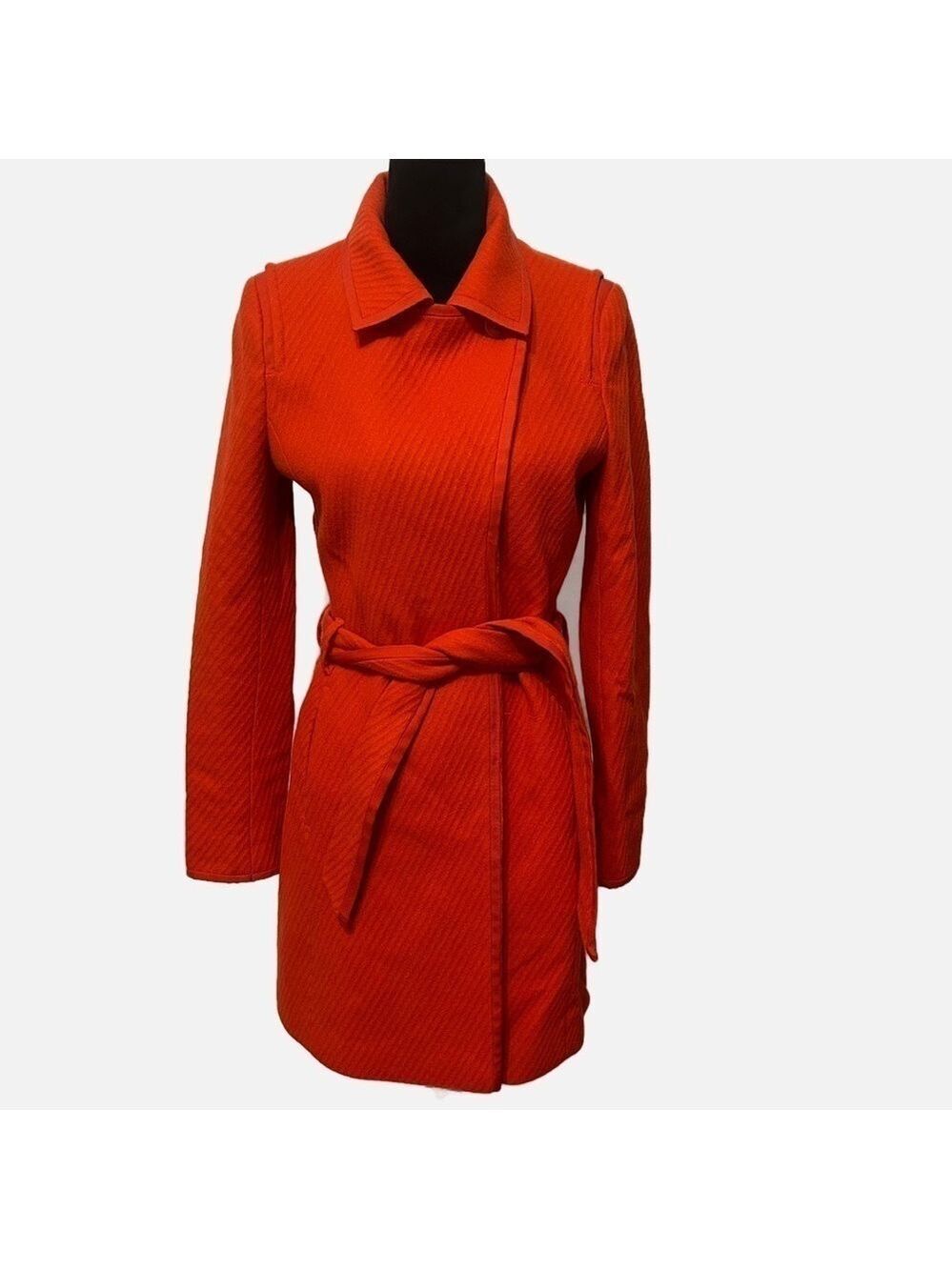 REISS Women’s Wool Blend Trench Coat S Belted Pockets Red Lined